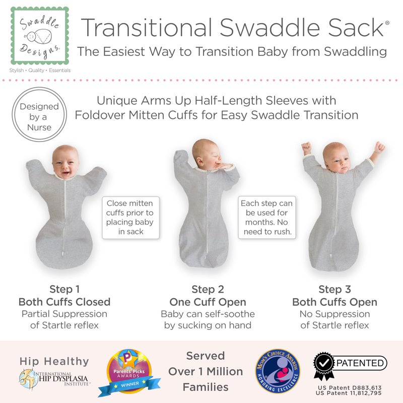 SwaddleDesigns Transitional Swaddle Sack, Arms Up Half-Length Sleeves & Mitten Cuffs, Swaddle for Newborn Transition to Baby Sleep Sack Wearable Blanket, 6-9 Month, 21-24 lb, Gray with Striped Trim - Image 3